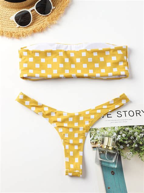 Emmiol Free Shipping 2025 Plaid Sexy Tube Top Bikini Swimwear Yellow S In Bikini Sets Online