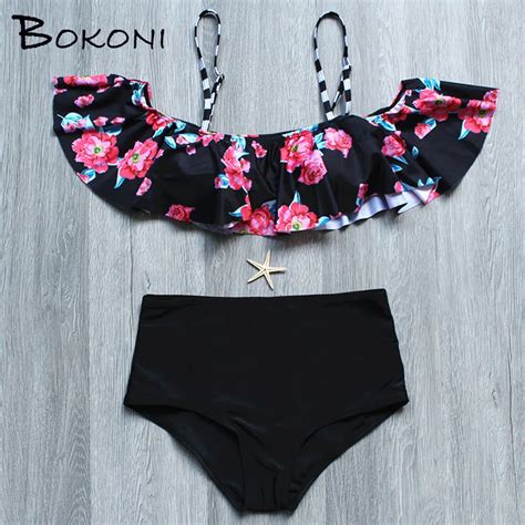 Print Floral Black Bikini Set Swimsuit Bathing Suit Women High