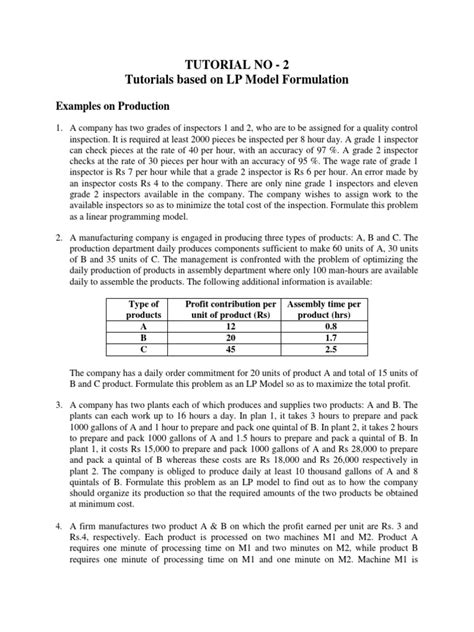 Tutorial No 2 Tutorials Based On Lp Model Formulation Download Free