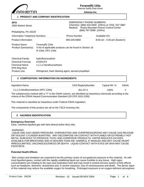 Pdf Foraner 134a Material Safety Data Sheet Chiller City 134a