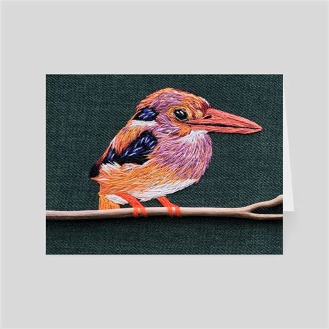 Philippine Dwarf Kingfisher Bird Hand Embroidery Art Print A Card