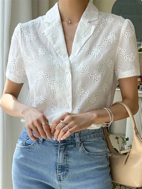 Blanco Casual Collar Manga Corta Tela Liso Camisa Embellished No