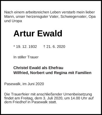 Traueranzeigen Von Artur Ewald Trauer Nordkurier