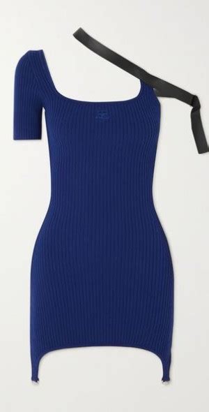 CourrÈges Asymmetric Faux Leather Trimmed Embroidered Ribbed Knit Mini Dress