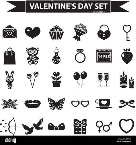 Valentines Day Icon Set Black Silhouette Style Love Romance Wedding Collection Signs