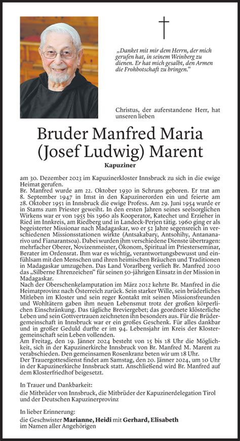 Gedenkkerzen Von Bruder Manfred Maria Marent Todesanzeigen