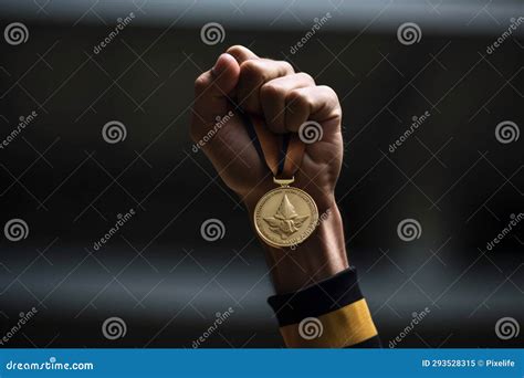 Mano Masculina Levantando Una Medalla De Oro Ai Generada Stock De