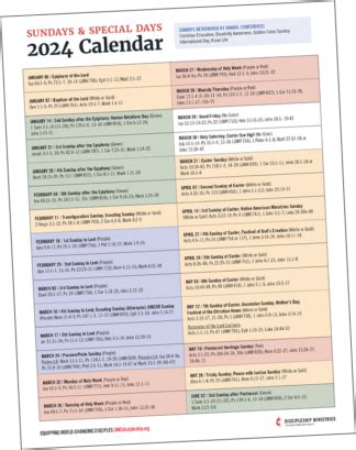 Revised Common Lectionary Sundays Special Days Calendar