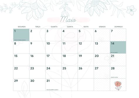 Calendario Mensal Flores Aquarela Maio Fazendo A Nossa Festa