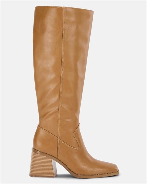 Coutgo Womens Knee High Boots Wide Calf Square Toe Chunky Heeled Pull