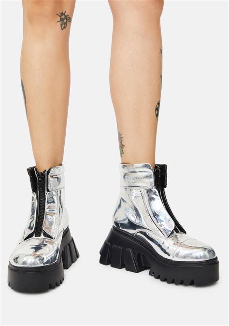 Club Exx Metallic Zip Front Chunky Combat Boots Silver Dolls Kill