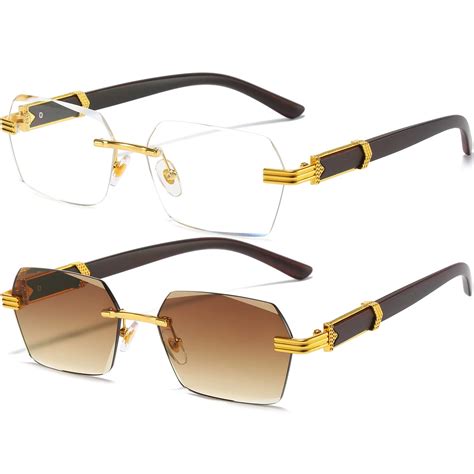 Aieyezo Retro Rimless Sunglasses Rectangle Women Men Vintage Frameless