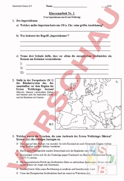 Arbeitsblatt Klassenarbeit Vom Imperialismus Bis Zum 1 Weltkrieg