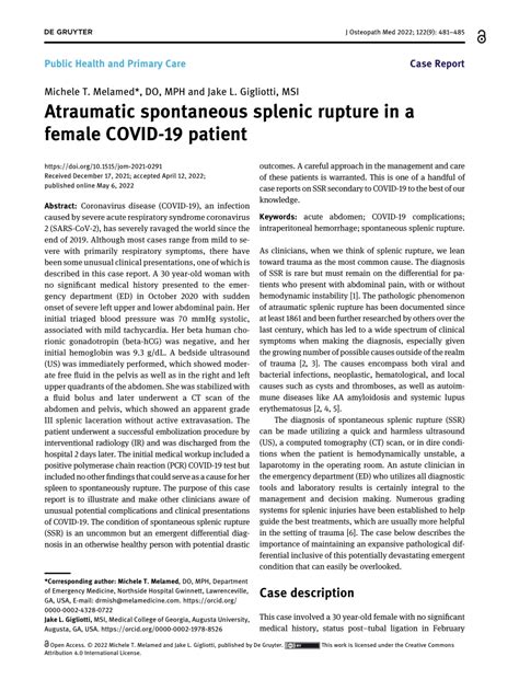 Pdf Atraumatic Spontaneous Splenic Rupture In A Female Covid Patient