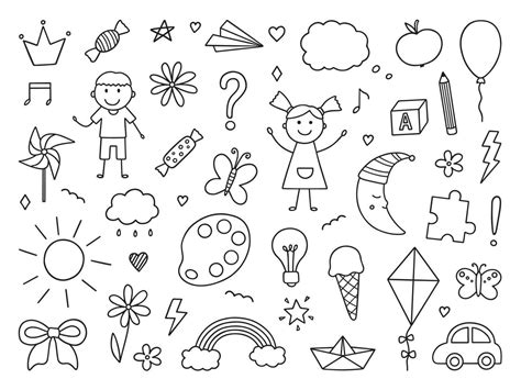 Cute Kids Doodle Set Childrens Drawings Hand Drawn Vector