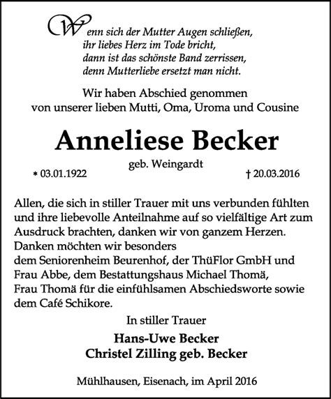 Traueranzeigen Von Anneliese Becker Trauer In Thueringen De