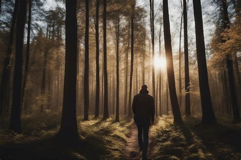 Premium Ai Image A Man Walks Through A Forest With Sunrise