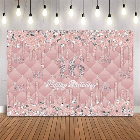 Sweet 16 Birthday Backdrop Pink Girls Sliver Glitter Sixteen Happy