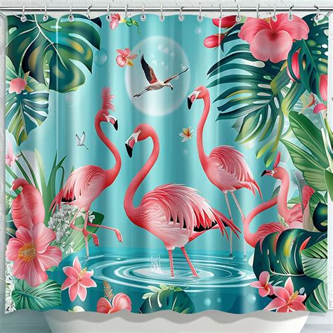 Flamingo Paradise Shower Curtain Tropical Rainforest And Ocean Theme