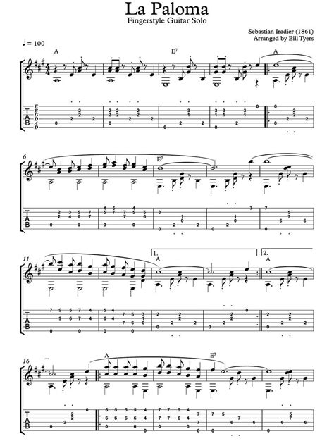 "La Paloma" arranged for fingerstyle guitar by Bill Tyers