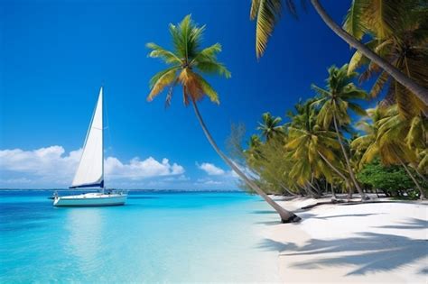 Premium Ai Image A Sailboat On A Beach With Palm Trees In The Background