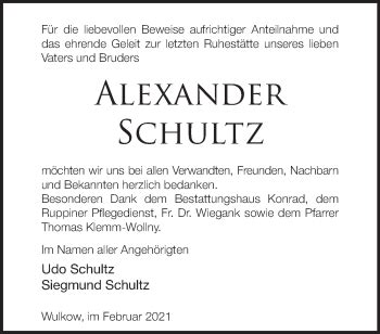 Traueranzeigen Von Alexander Schultz M Rkische Onlinezeitung Trauerportal