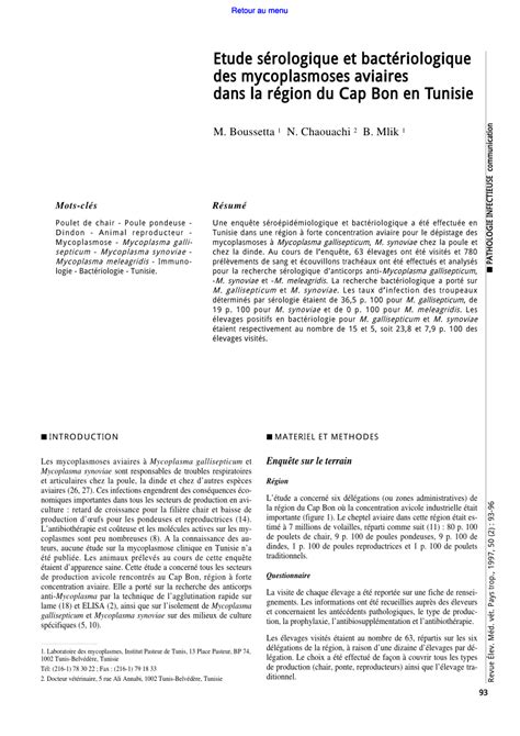 PDF Etude sérologique et bactériologique des mycoplasmoses aviaires