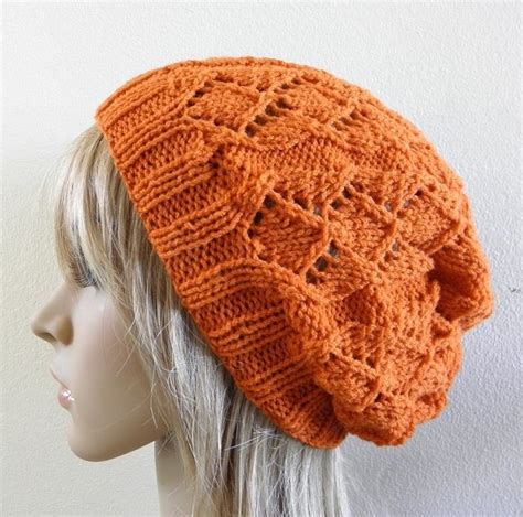 Lacy Beret Slouchy Hat Orange Autumn Pumpkin Fox Wool Hand Knitted