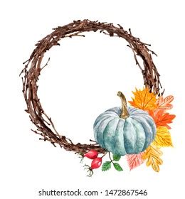 Watercolor Hand Painted Autumn Wreath Twig Stock Illustration