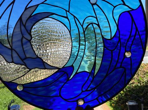 Stained Glass Ocean Waves Panel Hangings Windows Round 19 Etsy