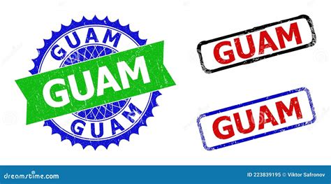 Guam Rosette And Rectangle Bicolor Badges With Grunge Textures Stock