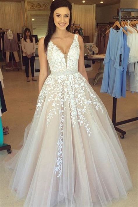 A Line V Neck Sweep Train Champagne Tulle Prom Dress With Appliques