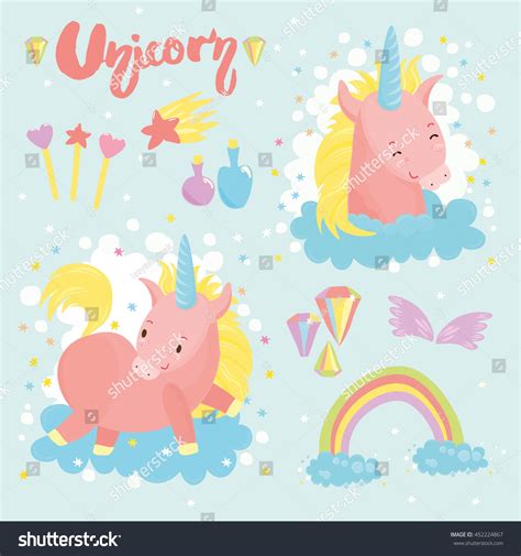 Vector Set Cute Unicorn Rainbow Clouds Vector De Stock Libre De
