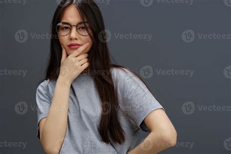 Portrait Woman In Round Glasses Smile Posing Close Ups Gray Background