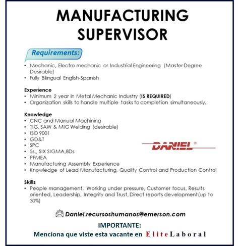 Vacante Manufacturing Supervisor Elitelaboral