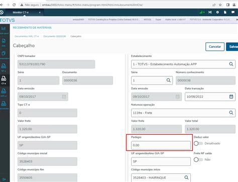 Cross Segmentos Linha Datasul MRE Tratamento do Pedágio no