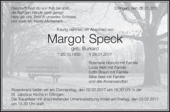 Traueranzeigen Von Margot Speck Schwaebische De Trauerportal