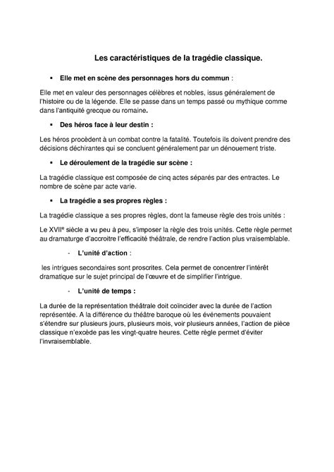 2 Les Caractéristiques De La Tragédie Classique Elle Met En Scène Des Personnages Hors Du