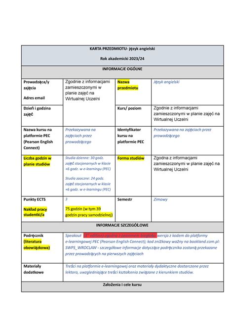 Sylabus j Ä zyk angielski semestr zimowy 2023 KARTA PRZEDMIOTU język