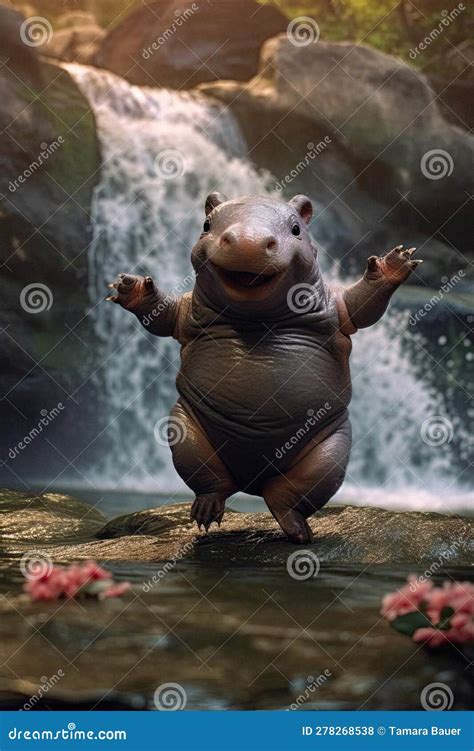 Funny Happy Laughing Baby Hippo Dancing In A Waterfall Stock