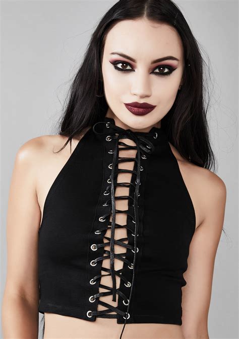 Widow Halter Crop Top Lace Up Mock Neck Dolls Kill