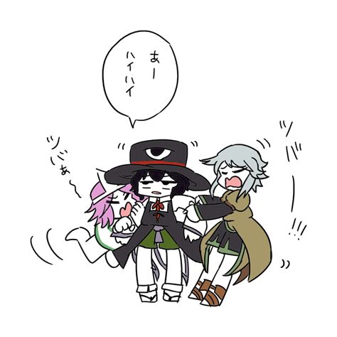 Safebooru 3others Annoyed Barefoot Black Eyes Black Hair Brown Coat