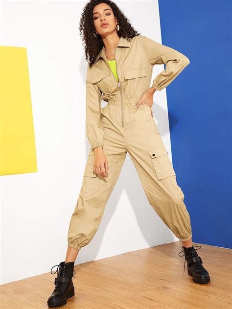 Zip Front Multi Pocket Equipment Jumpsuit Shein Sheinside Utility