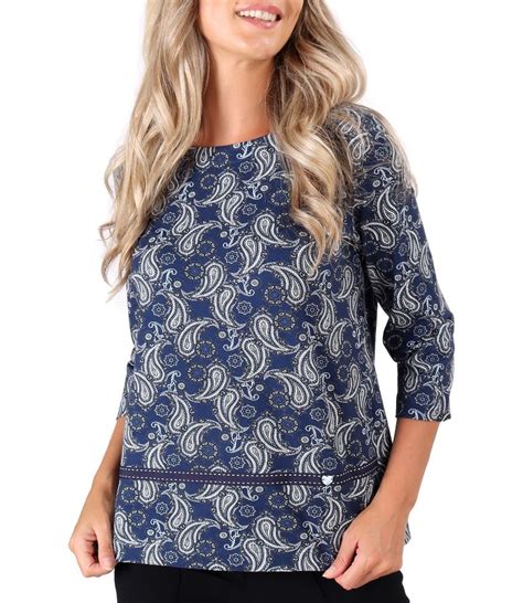 Elastic Jersey Blouse Printed With Paisley Motifs Navy Blue Yokko