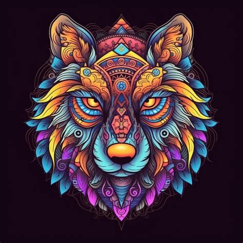 Cabeza de lobo colorida con un patrón de mandalas Foto Premium