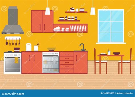 Cocina Interior Con Muebles Ilustración Vectorial De Estilo Plano