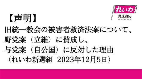 【声明】旧統一教会の被害者救済法案について、野党案（立維）に賛成し、与党案（自公国）に反対した理由（れいわ新選組 2023年12月5日