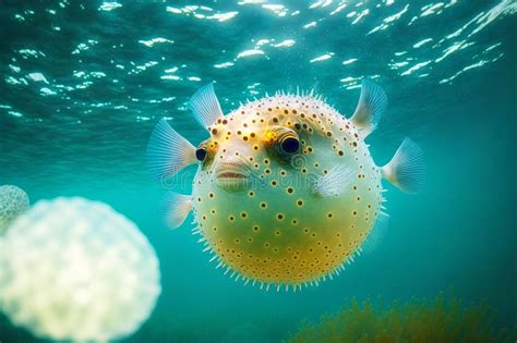 Balloon Like Puffer Fish With Sharp Spikes In Illuminated Water Stock