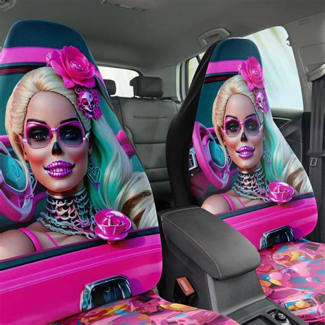 Skull Barbi Top Model 3d Look Car Seat Covers Set Of 2 Universal Fit Thick Polyester Fabric