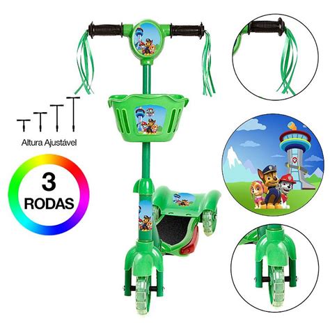 Patinete Infantil Patrulha Canina Verde 3 Rodas Ajustável USA Magazine